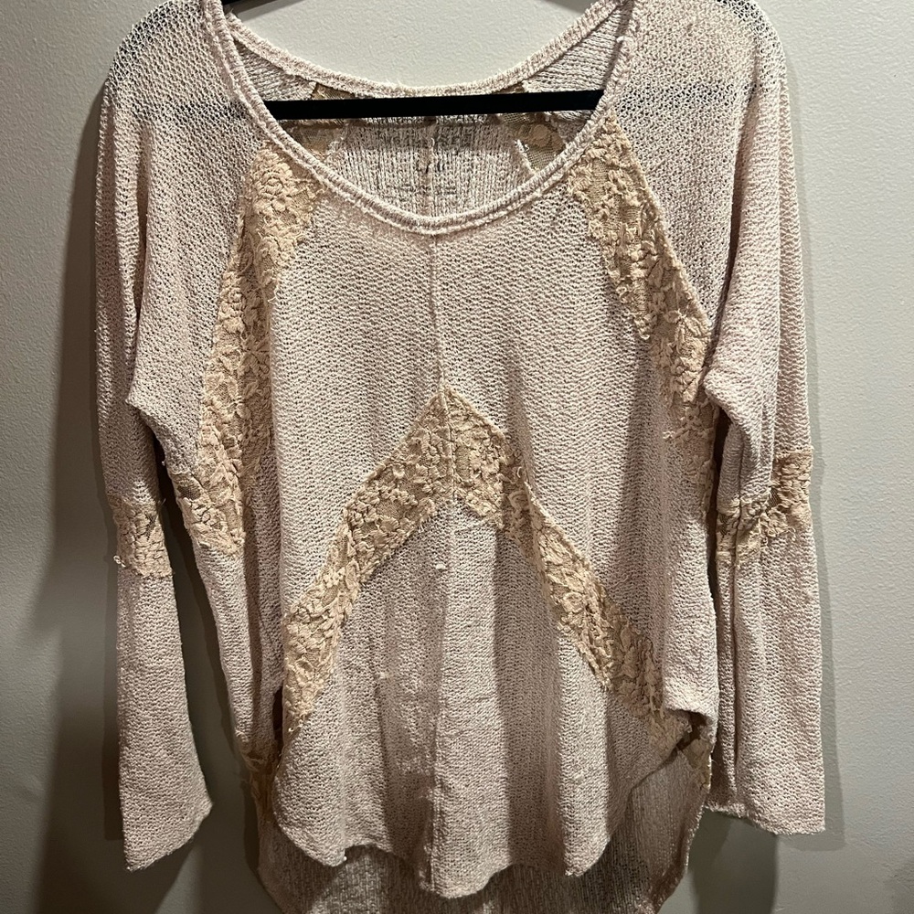 Free People Beige Knit Sweater with Lace Accents